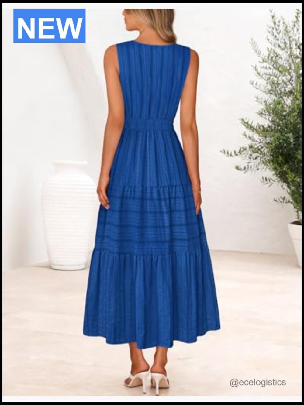 Womens Sleeveless V Neck Midi Maxi Dress Tiered High Waist Flowy Vacation Dress - Picture 3 of 7